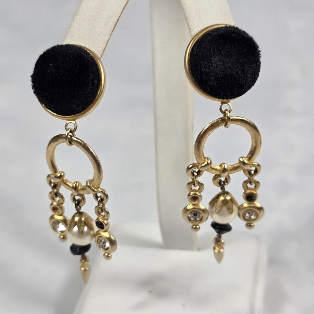 Vintage Black Velvet Gold Chandelier Drop Earrings Statement Faux Pearl Fringe